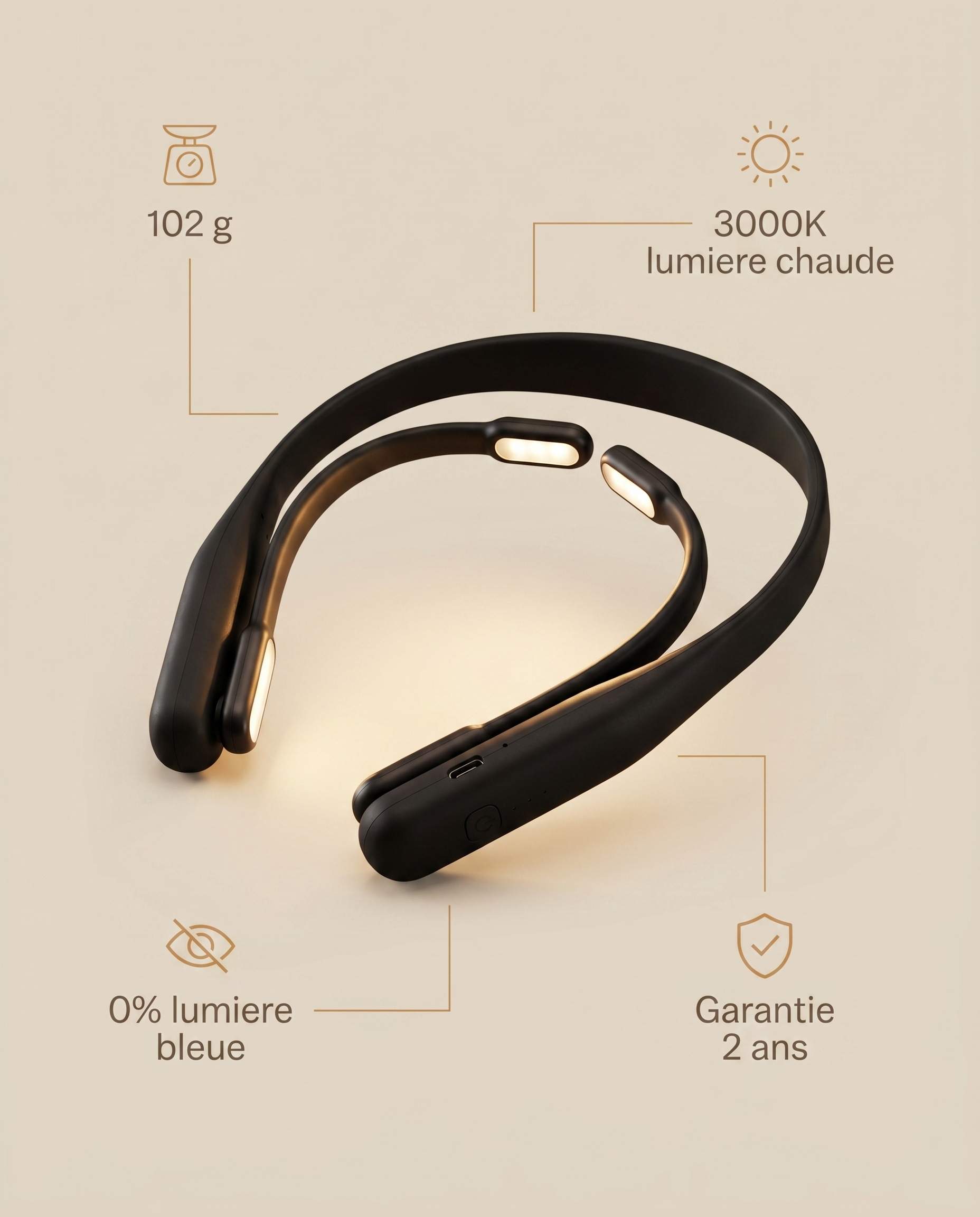 Infographie : lampe de lecture tour de cou Lectura, 102g, 3000K, 0% lumiere bleue, garantie 2 ans