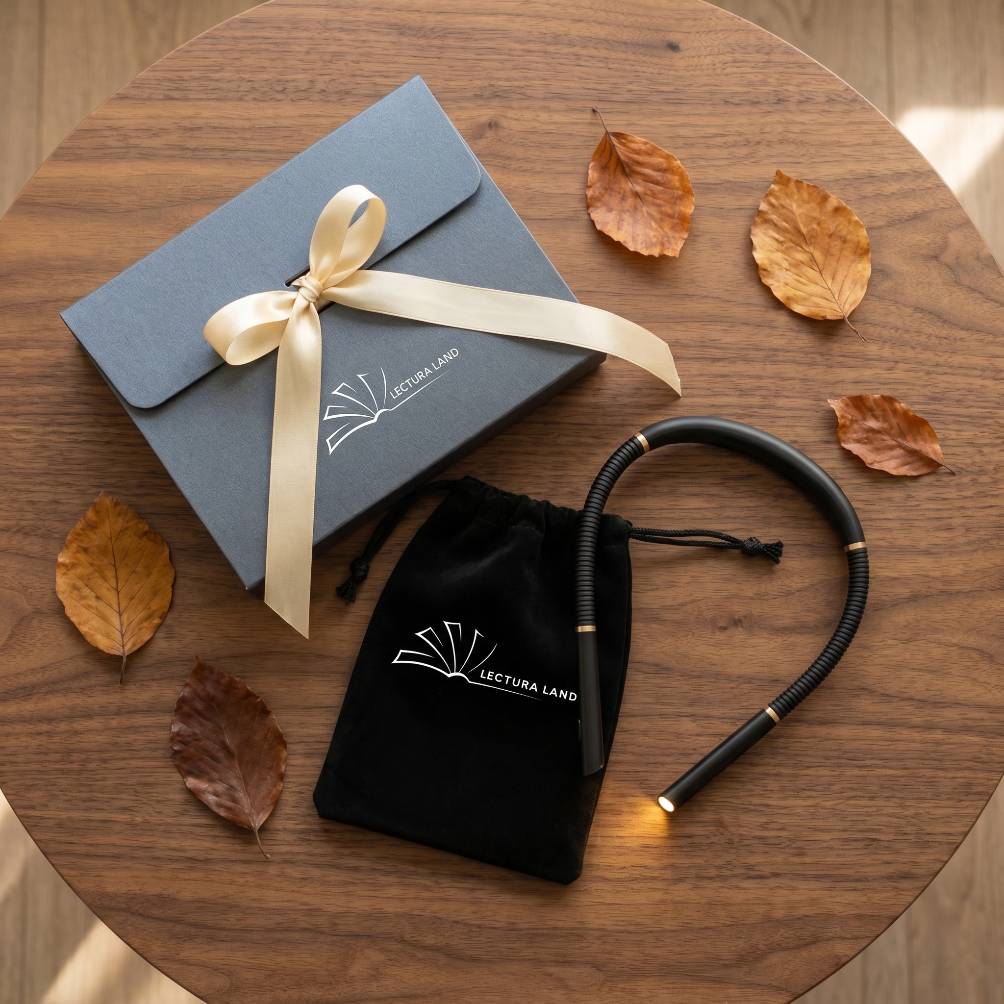 Coffret cadeau Lectura Land : lampe tour de cou, pochette velours logotee et boite premium