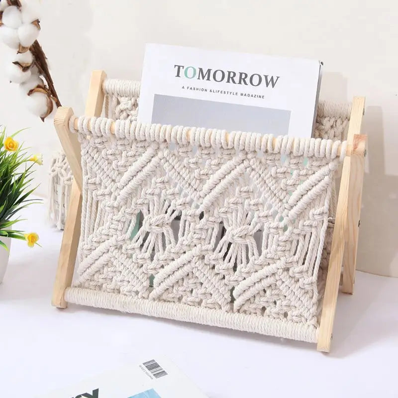 Panier de Rangement en Coton Tissé Nordique - Porte-Magazines Bohème Macramé