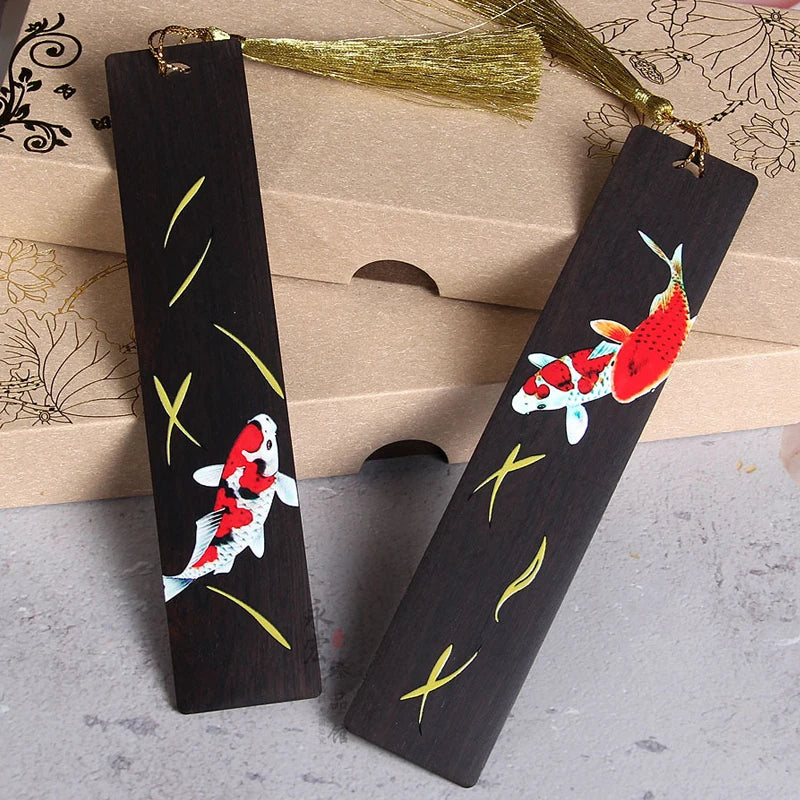 Retro Chinese Style Painted Wooden Bookmark - Koi Carp with Tassel Pendant