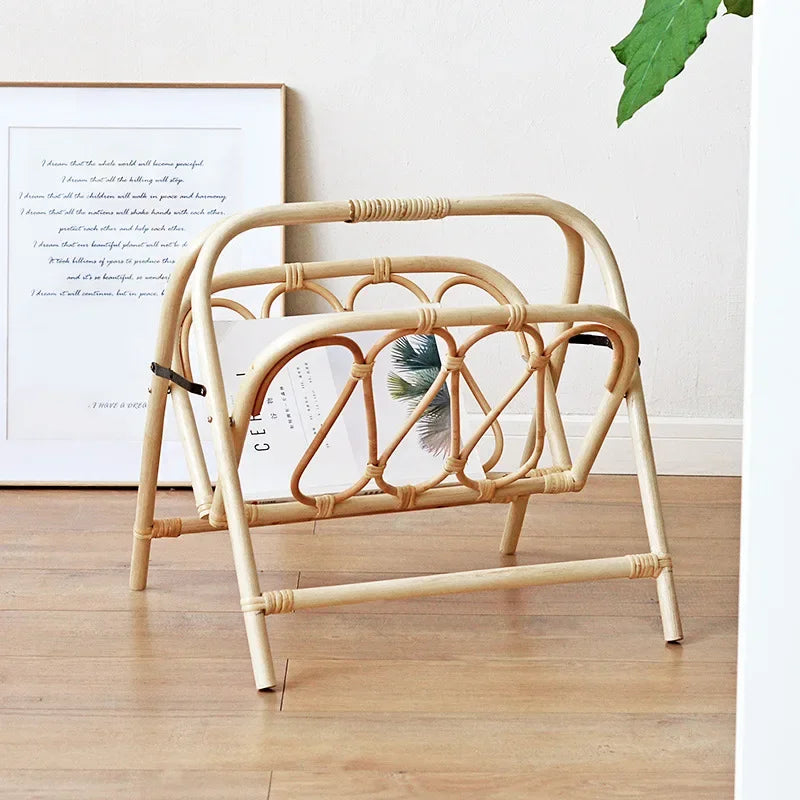 Foldable Rattan Magazine Rack - Hand-Woven Newspaper Storage