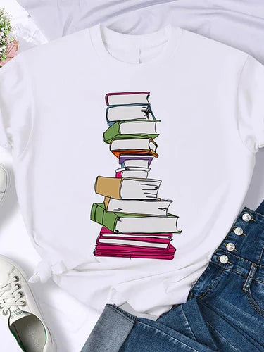 T-shirt Femme Rétro Américain - "Coffee Books Brown Books"