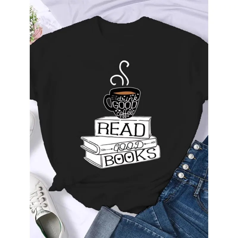 T-shirt Femme Rétro Américain - "Coffee Books Brown Books"