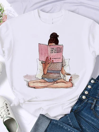 T-shirt Femme Rétro Américain - "Coffee Books Brown Books"