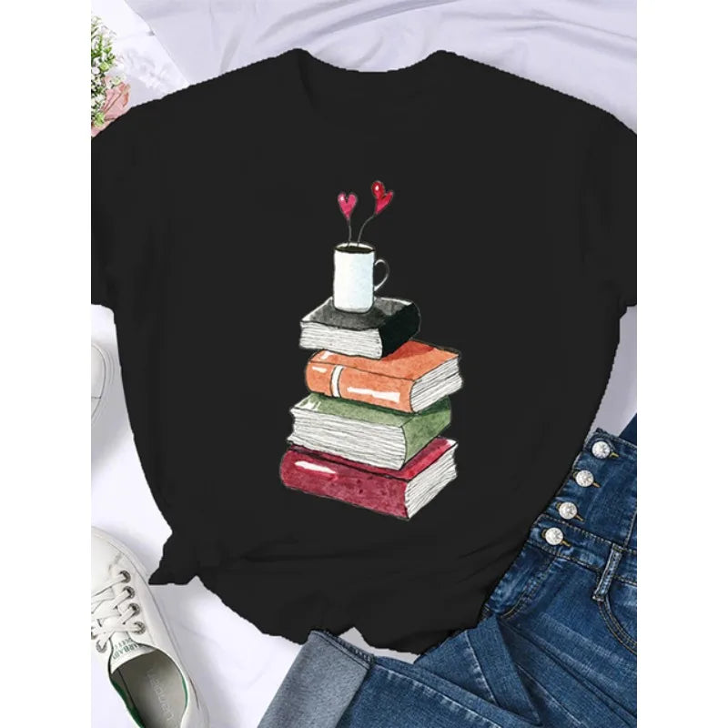 T-shirt Femme Rétro Américain - "Coffee Books Brown Books"