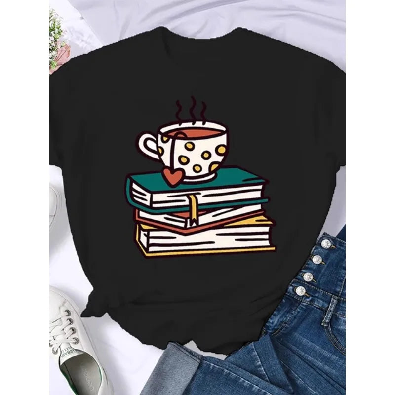 T-shirt Femme Rétro Américain - "Coffee Books Brown Books"