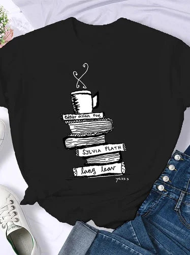 T-shirt Femme Rétro Américain - "Coffee Books Brown Books"