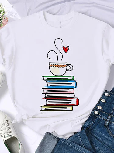 T-shirt Femme Rétro Américain - "Coffee Books Brown Books"