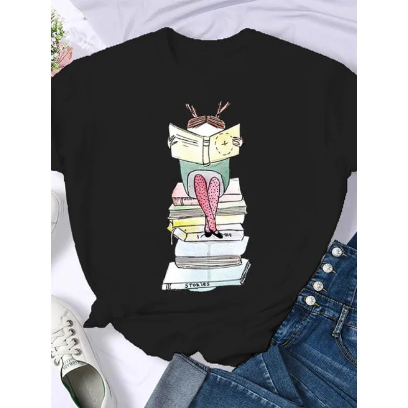 T-shirt Femme Rétro Américain - "Coffee Books Brown Books"