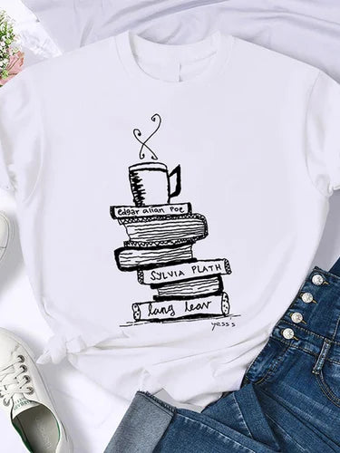 T-shirt Femme Rétro Américain - "Coffee Books Brown Books"