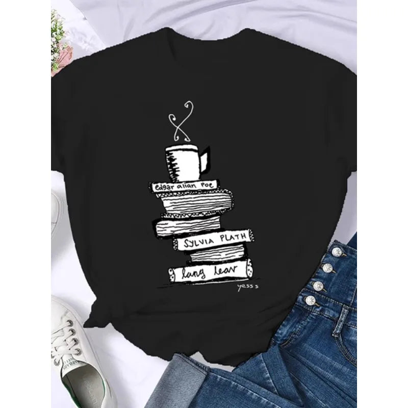 T-shirt Femme Rétro Américain - "Coffee Books Brown Books"