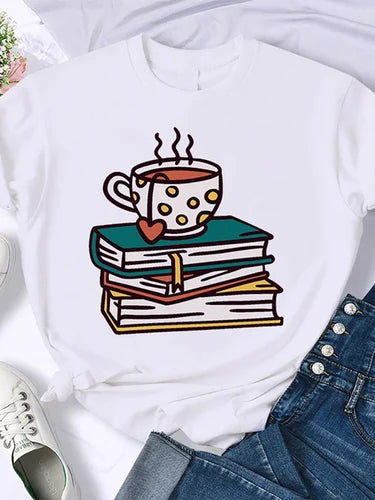 T-shirt Femme Rétro Américain - "Coffee Books Brown Books"