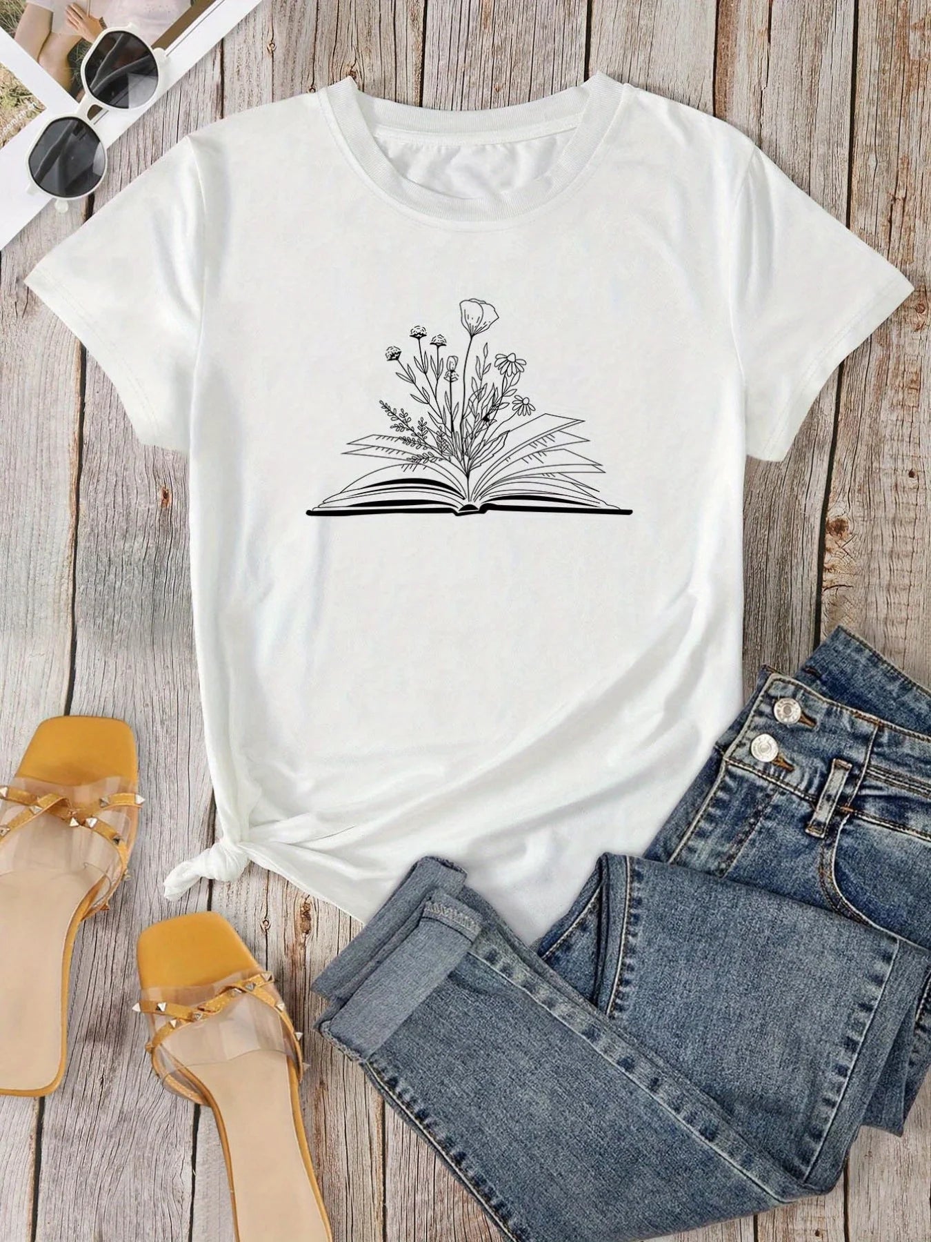 Flowers and Books Printed T-shirt - Round Neck, Short Sleeves