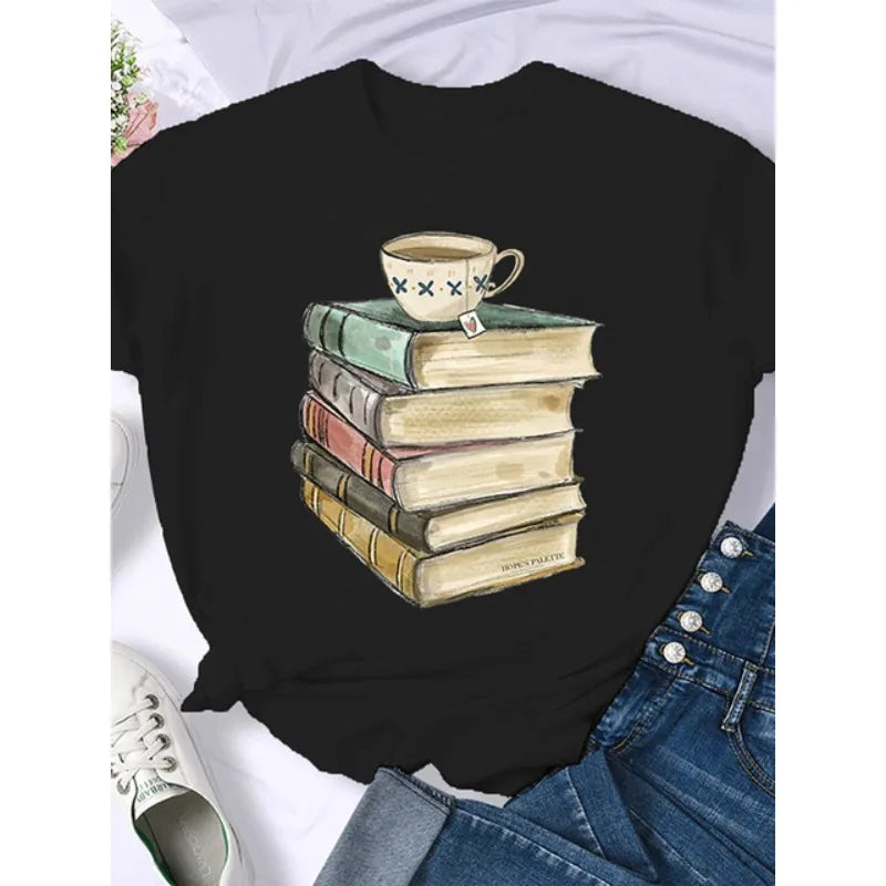 T-shirt Femme Rétro Américain - "Coffee Books Brown Books"