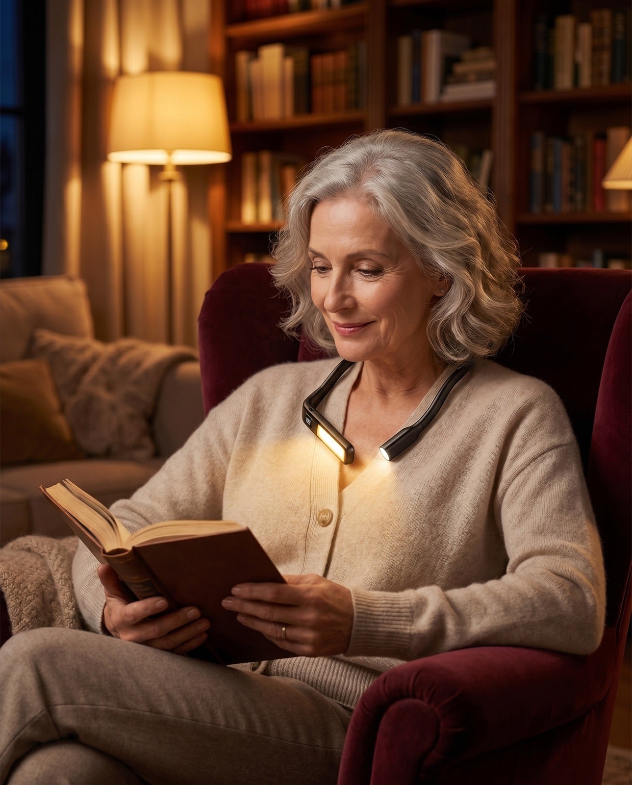 Femme lisant avec la lampe Premium new gen dans un fauteuil