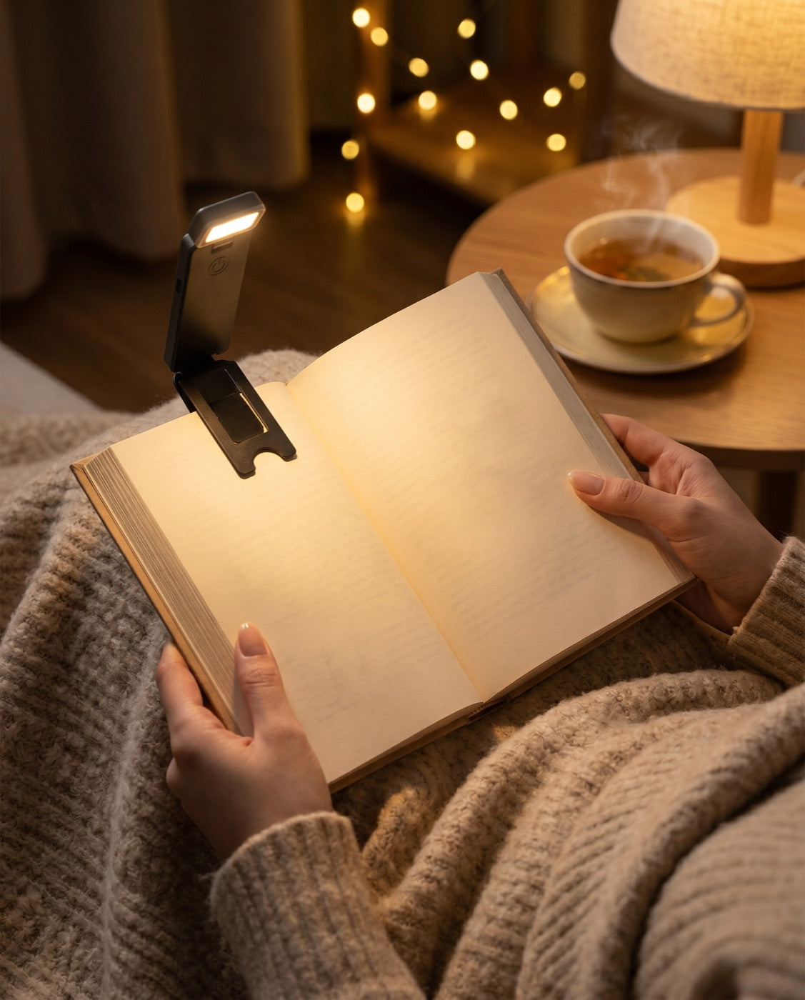 Lampe Clip-on en usage sur livre, lecture cosy du soir